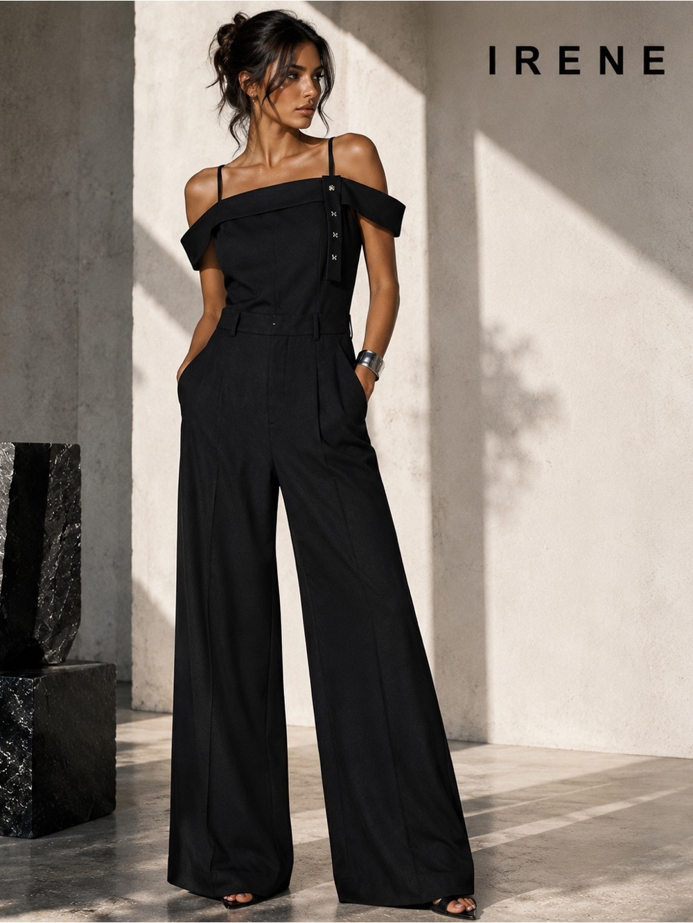 IRENE, Architectural Off Shoulder Wide Leg Jumpsuit Minimalist Runway,Size 38